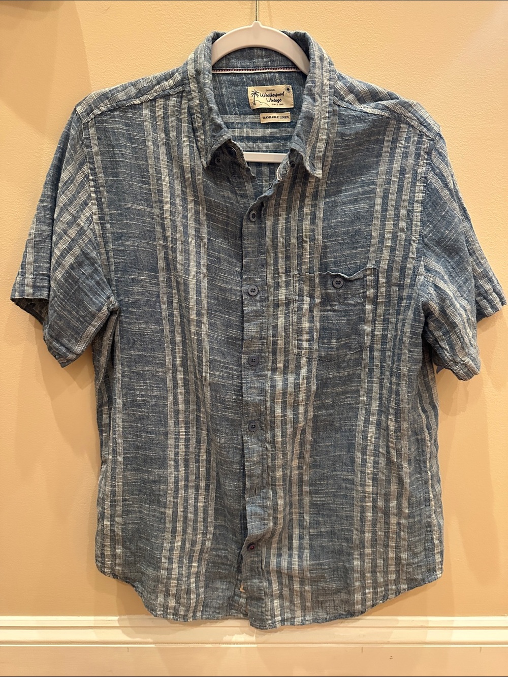 Original Weatherproof Vintage Blue Striped Short-Sleeve Linen Shirt-Medium